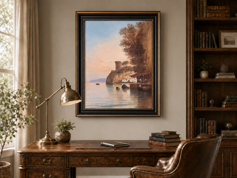 Landscape Oil Painting - Coastal Cliff, Watchtower at Dusk