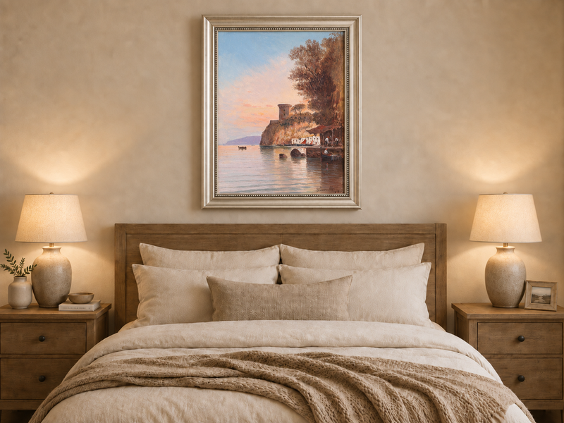 Landscape Oil Painting - Coastal Cliff, Watchtower at Dusk