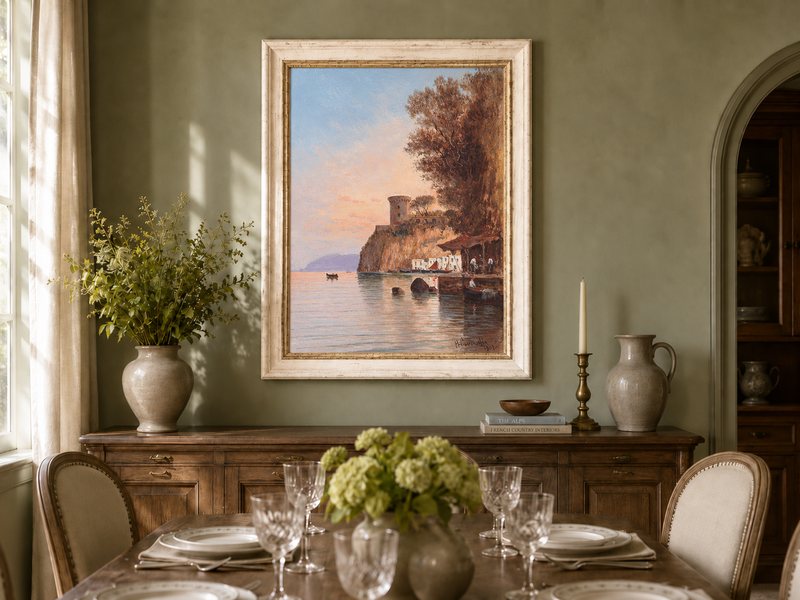 Landscape Oil Painting - Coastal Cliff, Watchtower at Dusk