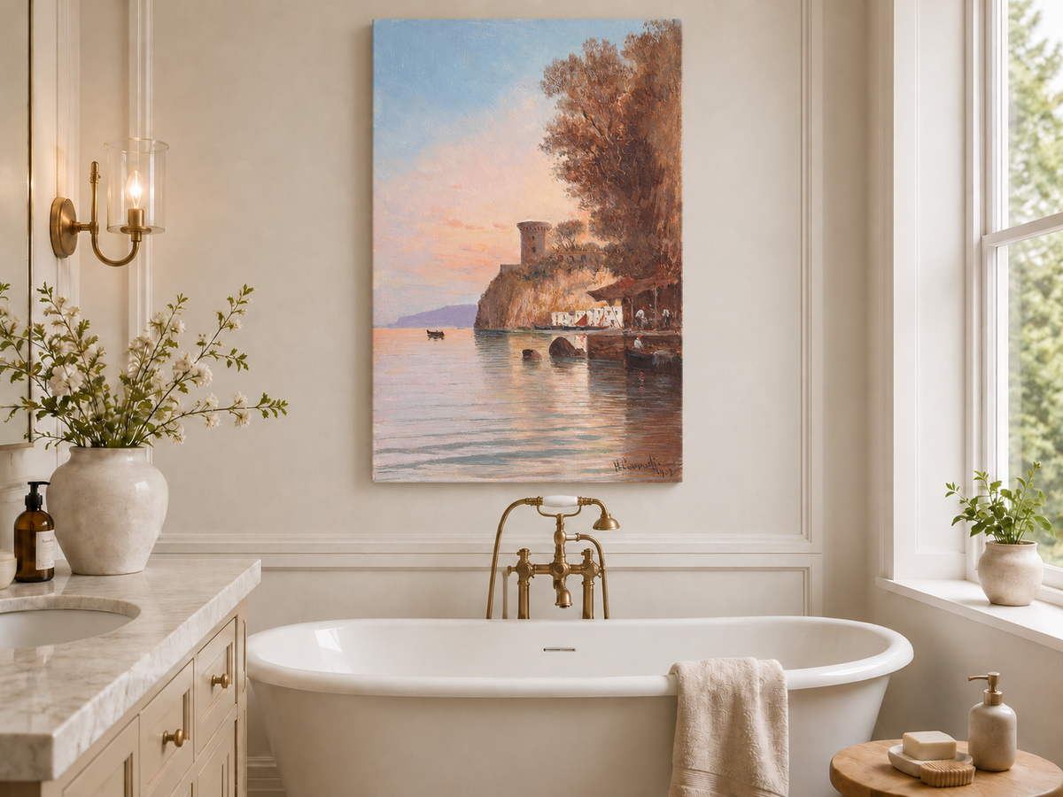 Landscape Oil Painting - Coastal Cliff, Watchtower at Dusk