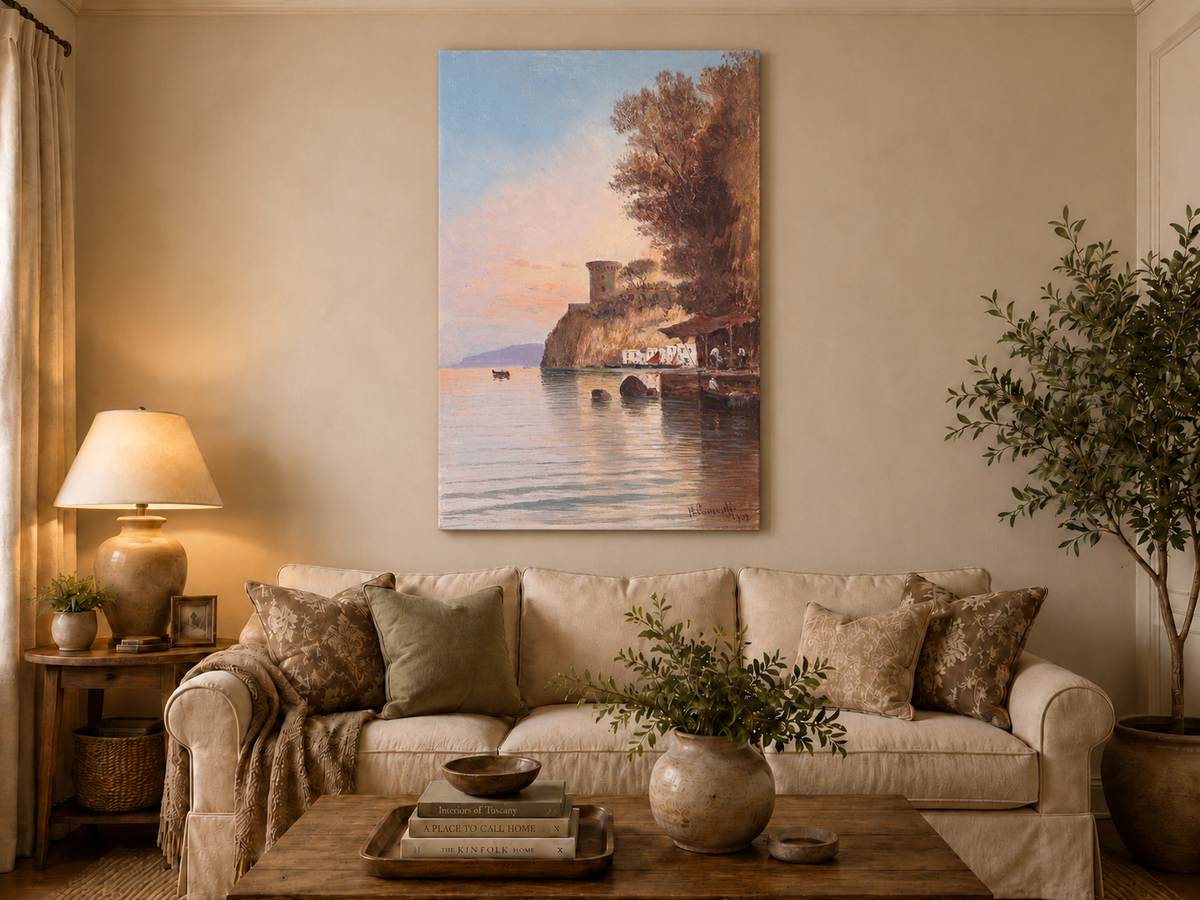 Landscape Oil Painting - Coastal Cliff, Watchtower at Dusk
