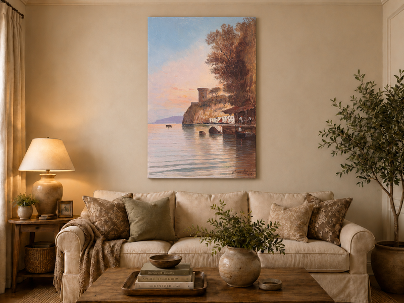 Landscape Oil Painting - Coastal Cliff, Watchtower at Dusk