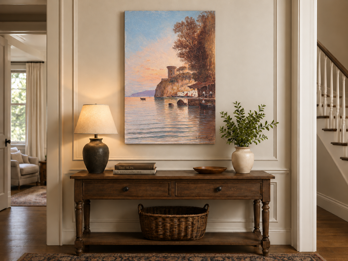 Landscape Oil Painting - Coastal Cliff, Watchtower at Dusk