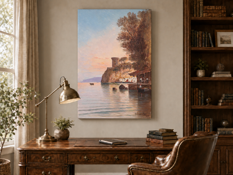 Landscape Oil Painting - Coastal Cliff, Watchtower at Dusk