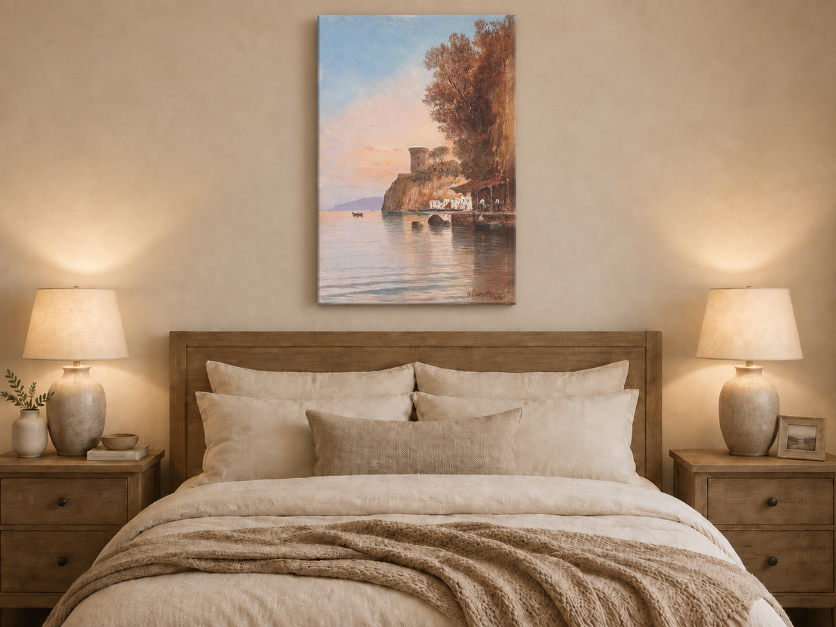 Landscape Oil Painting - Coastal Cliff, Watchtower at Dusk