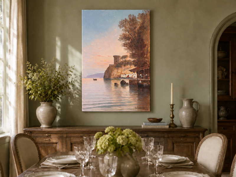 Landscape Oil Painting - Coastal Cliff, Watchtower at Dusk
