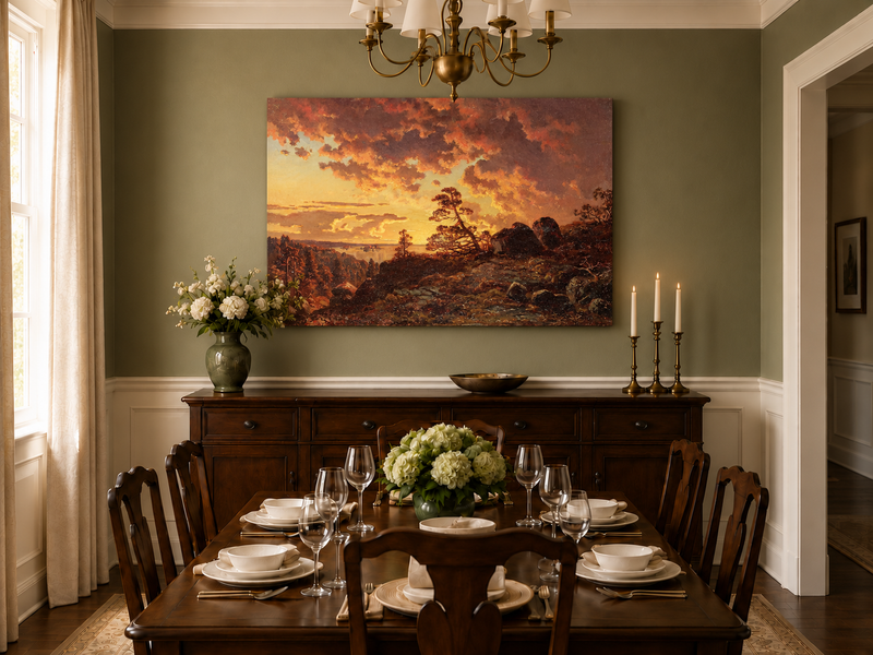 Landscape Oil Painting - Dramatic Mountain Sunset, Pines