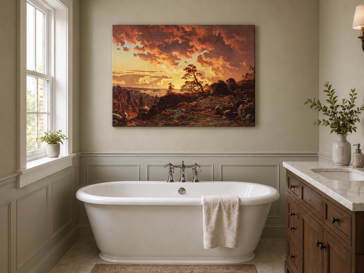 Landscape Oil Painting - Dramatic Mountain Sunset, Pines