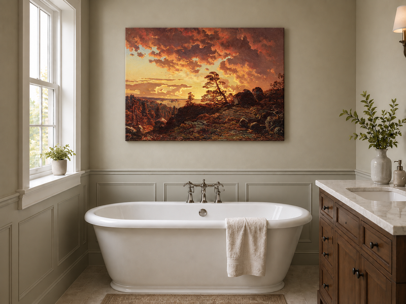 Landscape Oil Painting - Dramatic Mountain Sunset, Pines