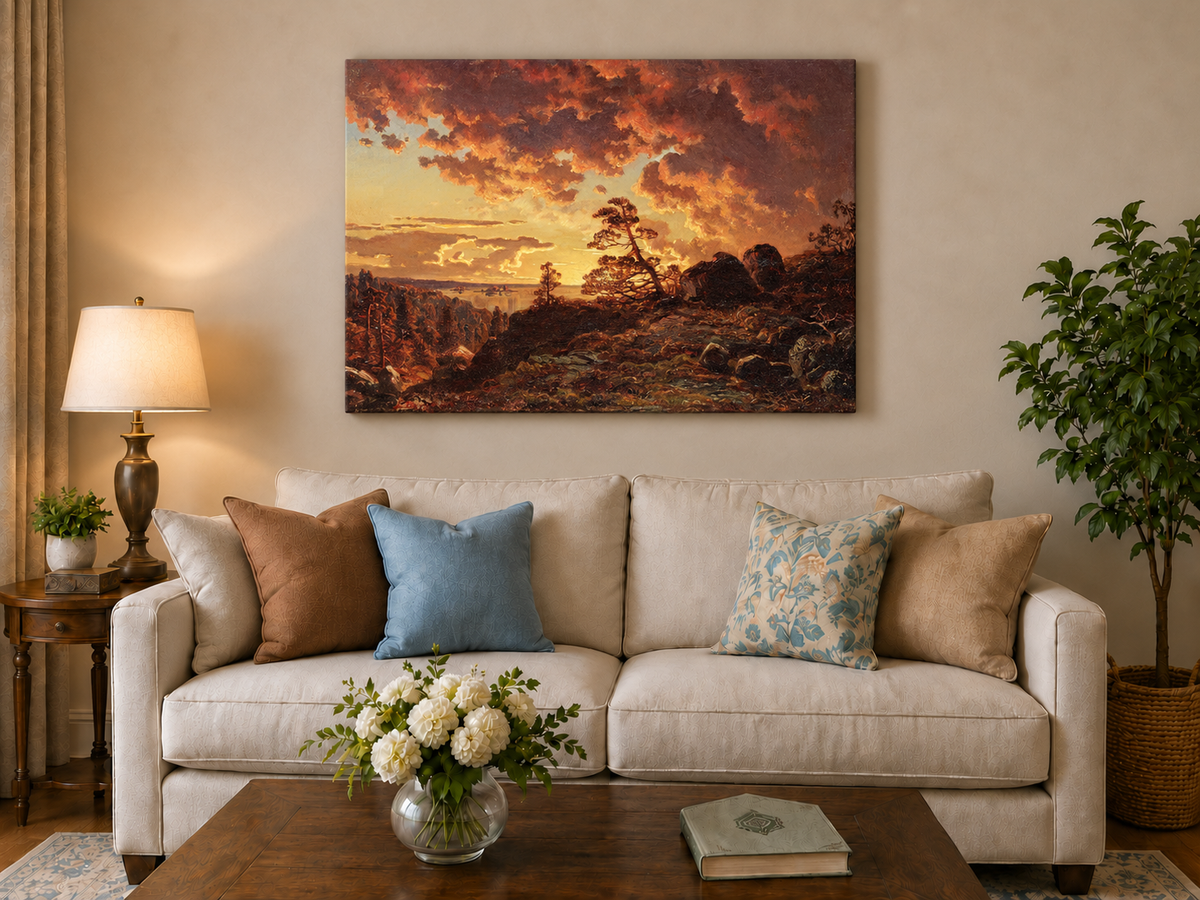Landscape Oil Painting - Dramatic Mountain Sunset, Pines