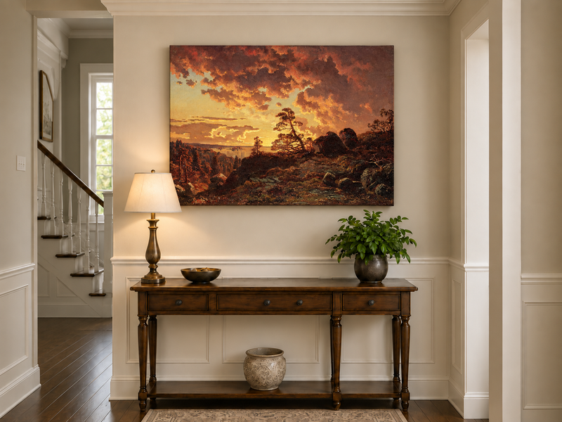 Landscape Oil Painting - Dramatic Mountain Sunset, Pines