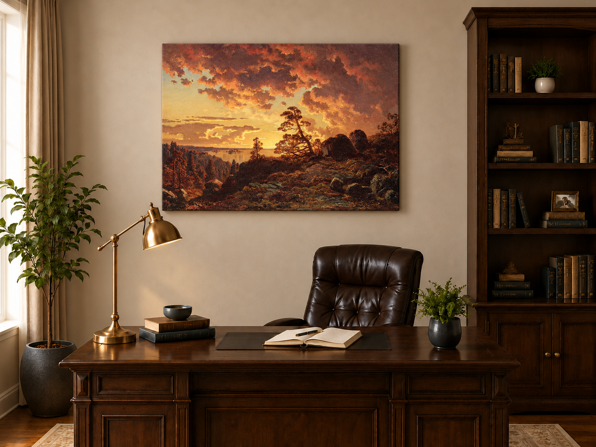 Landscape Oil Painting - Dramatic Mountain Sunset, Pines