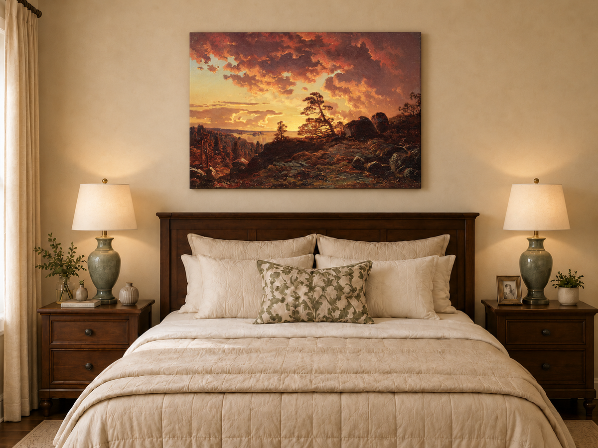 Landscape Oil Painting - Dramatic Mountain Sunset, Pines