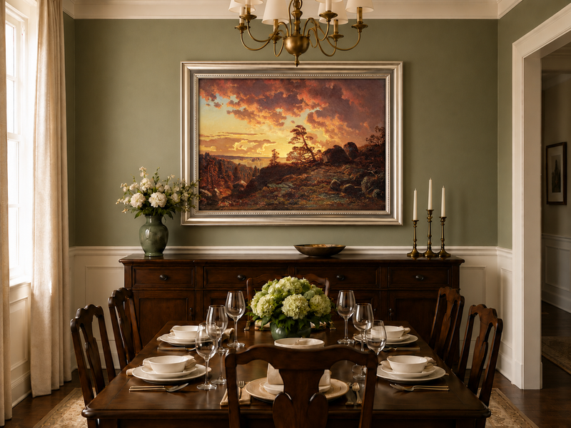 Landscape Oil Painting - Dramatic Mountain Sunset, Pines