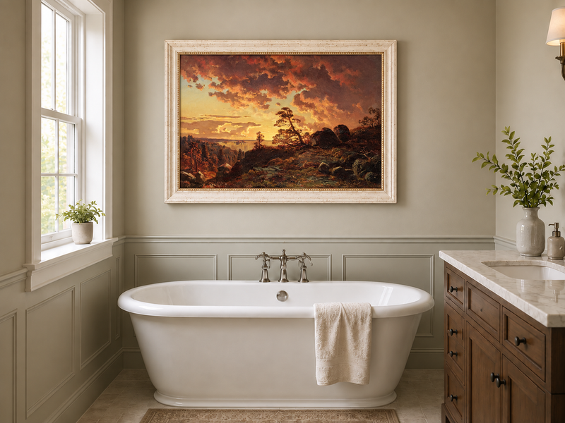Landscape Oil Painting - Dramatic Mountain Sunset, Pines