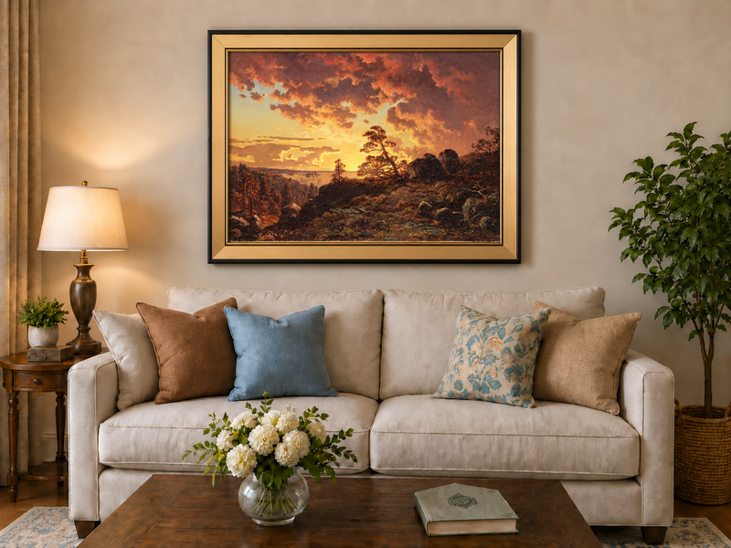 Landscape Oil Painting - Dramatic Mountain Sunset, Pines