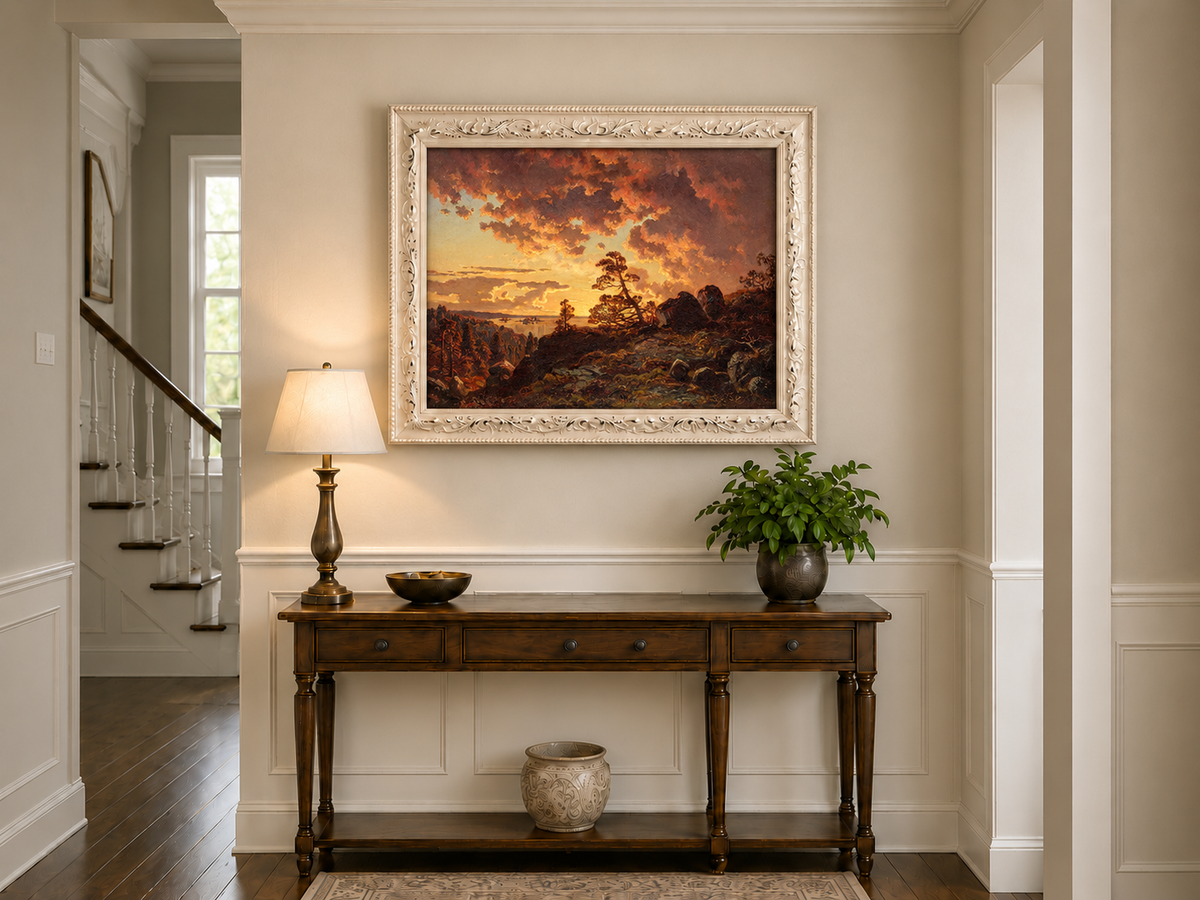 Landscape Oil Painting - Dramatic Mountain Sunset, Pines
