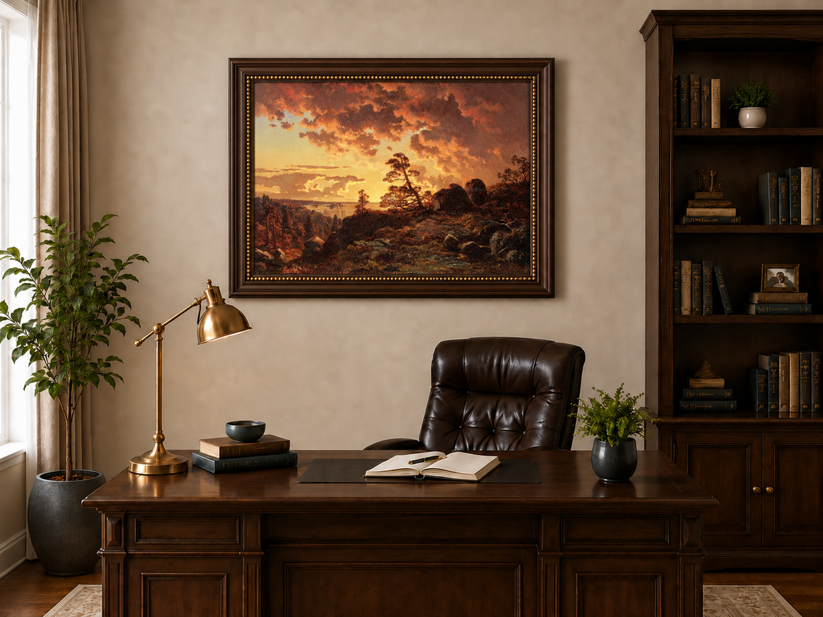 Landscape Oil Painting - Dramatic Mountain Sunset, Pines
