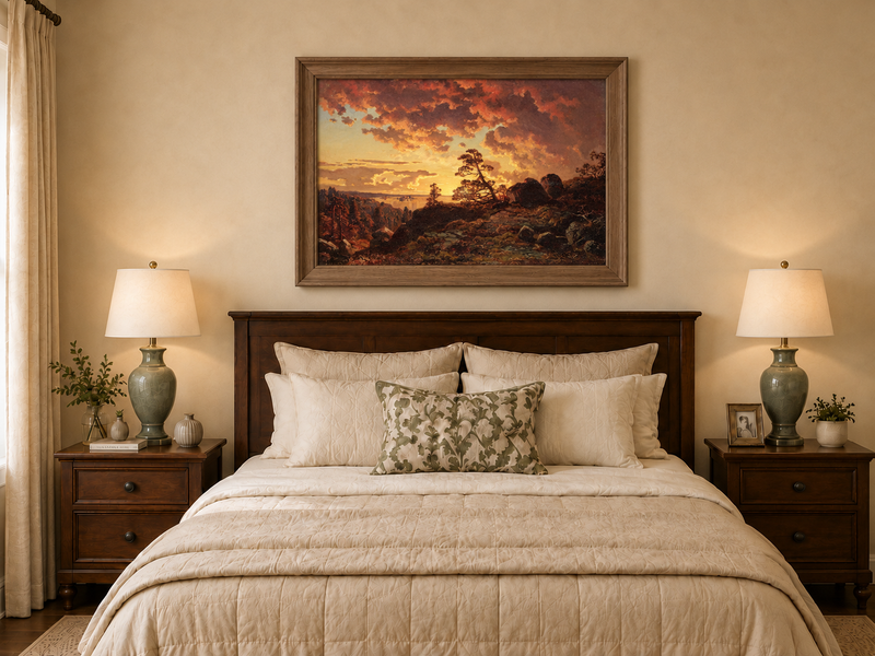 Landscape Oil Painting - Dramatic Mountain Sunset, Pines