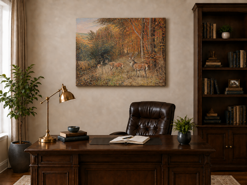 Landschaftsölgemälde – Herbstwaldszene mit Hirschen