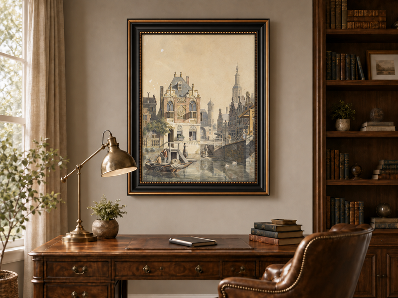 Peinture à l'huile de paysage - Ville historique européenne au bord d'un canal, Bateaux
