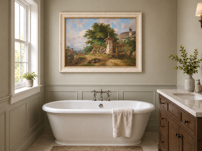 Peinture à l'huile de paysage - Sanctuaire de campagne et sentier de village