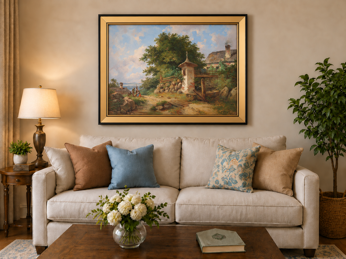Peinture à l'huile de paysage - Sanctuaire de campagne et sentier de village