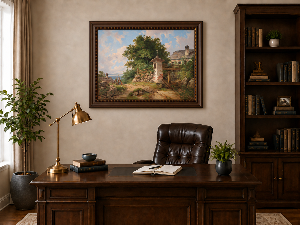 Peinture à l'huile de paysage - Sanctuaire de campagne et sentier de village