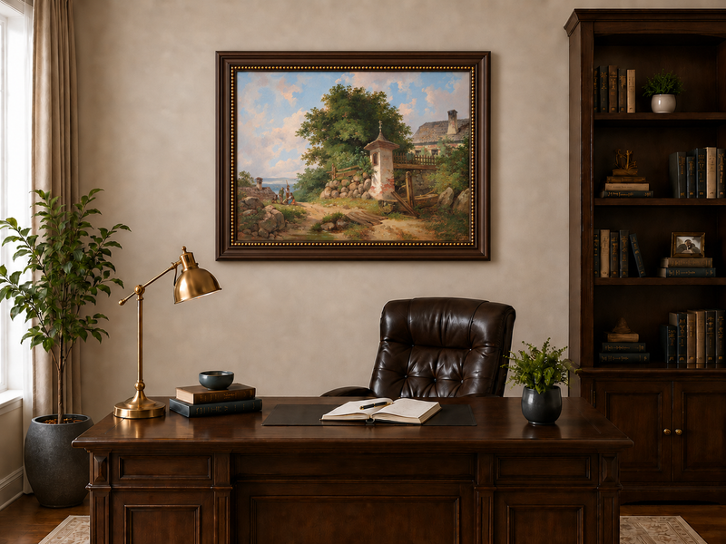 Peinture à l'huile de paysage - Sanctuaire de campagne et sentier de village