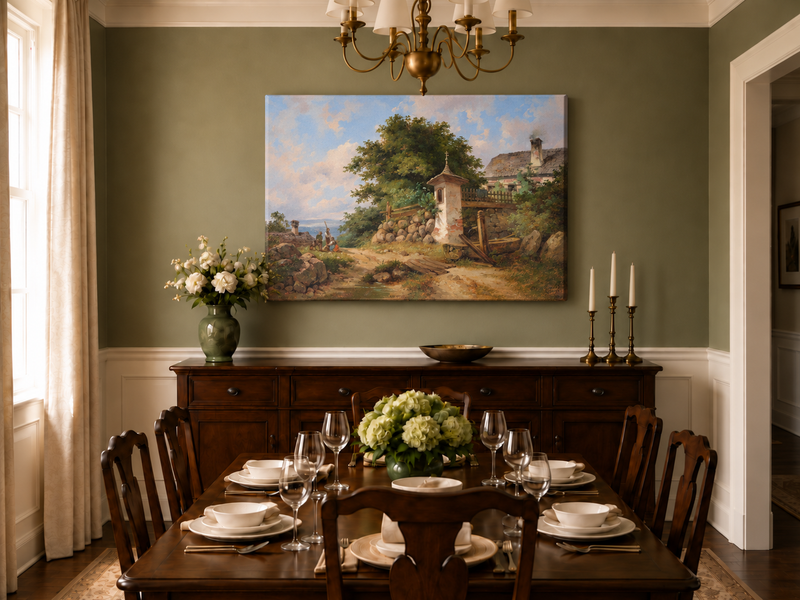 Peinture à l'huile de paysage - Sanctuaire de campagne et sentier de village