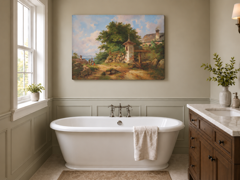 Peinture à l'huile de paysage - Sanctuaire de campagne et sentier de village
