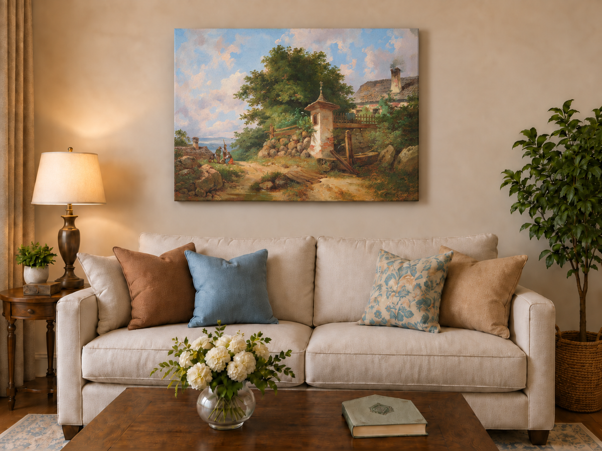 Peinture à l'huile de paysage - Sanctuaire de campagne et sentier de village