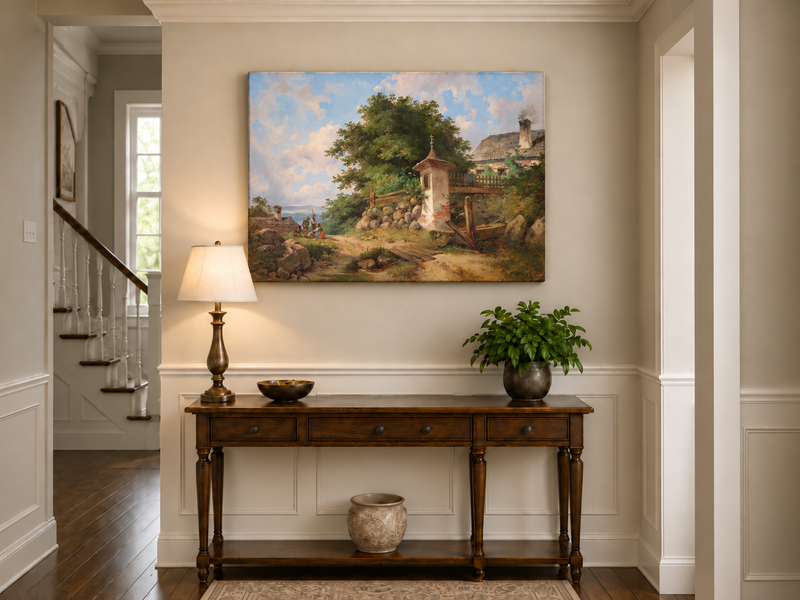 Peinture à l'huile de paysage - Sanctuaire de campagne et sentier de village