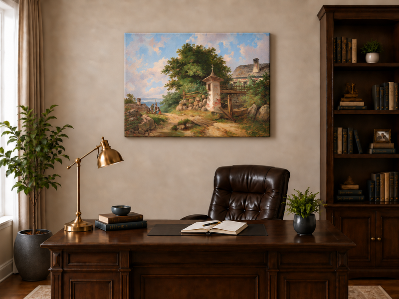Peinture à l'huile de paysage - Sanctuaire de campagne et sentier de village