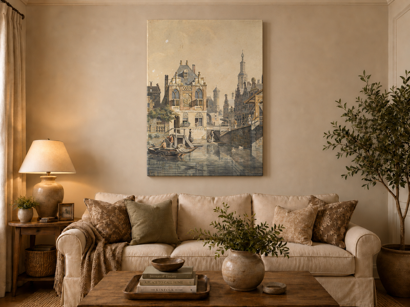 Peinture à l'huile de paysage - Ville historique européenne au bord d'un canal, Bateaux