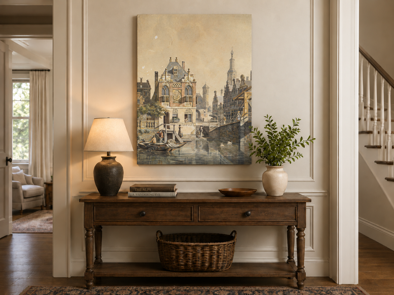 Peinture à l'huile de paysage - Ville historique européenne au bord d'un canal, Bateaux