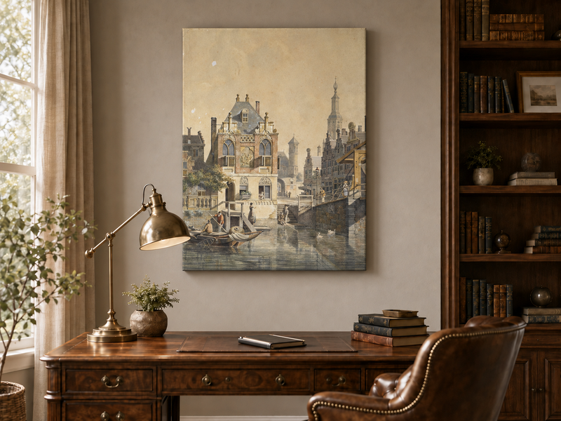 Peinture à l'huile de paysage - Ville historique européenne au bord d'un canal, Bateaux