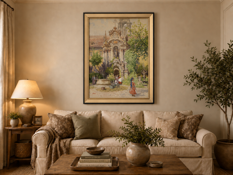 Peinture à l'huile de paysage - Cour d'église européenne | Peinte à la main