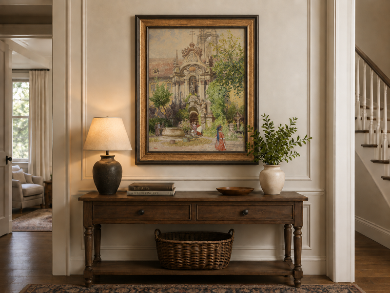 Peinture à l'huile de paysage - Cour d'église européenne | Peinte à la main