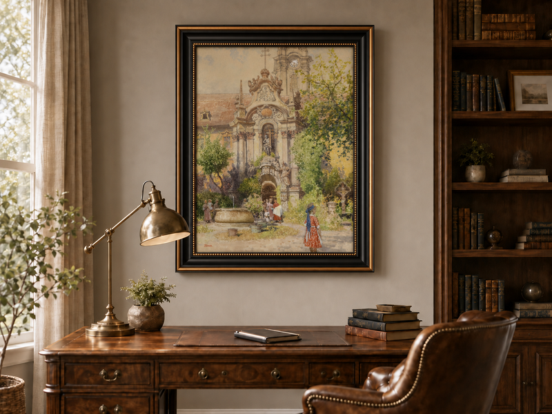 Peinture à l'huile de paysage - Cour d'église européenne | Peinte à la main