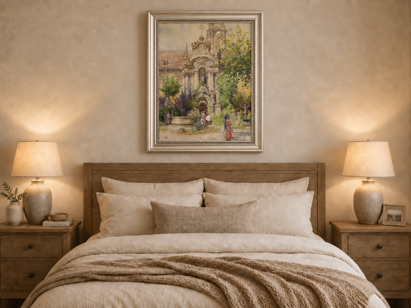 Peinture à l'huile de paysage - Cour d'église européenne | Peinte à la main