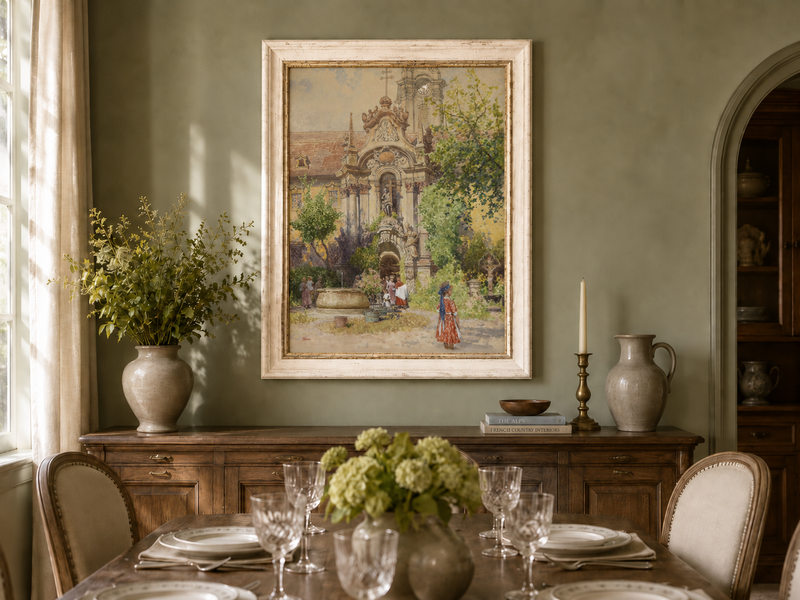 Peinture à l'huile de paysage - Cour d'église européenne | Peinte à la main