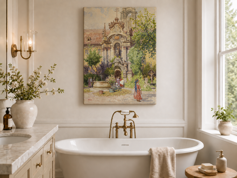 Peinture à l'huile de paysage - Cour d'église européenne | Peinte à la main