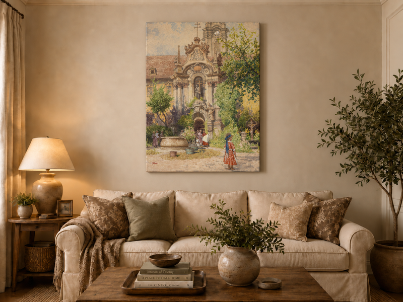 Peinture à l'huile de paysage - Cour d'église européenne | Peinte à la main