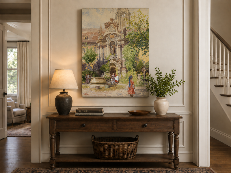 Peinture à l'huile de paysage - Cour d'église européenne | Peinte à la main
