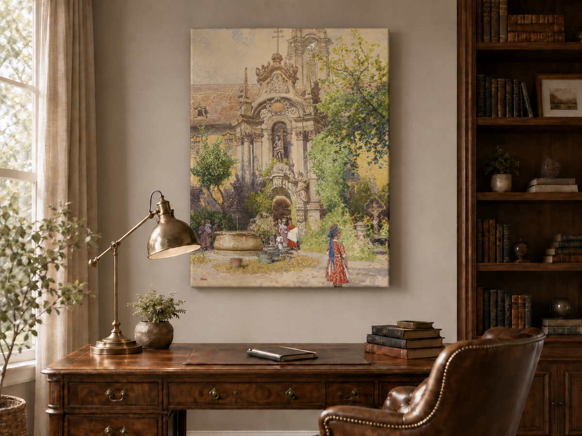 Peinture à l'huile de paysage - Cour d'église européenne | Peinte à la main