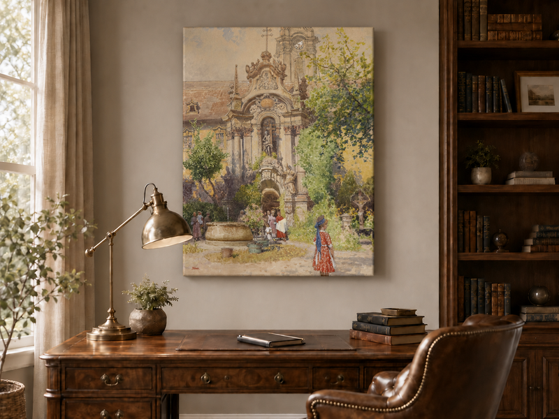 Peinture à l'huile de paysage - Cour d'église européenne | Peinte à la main