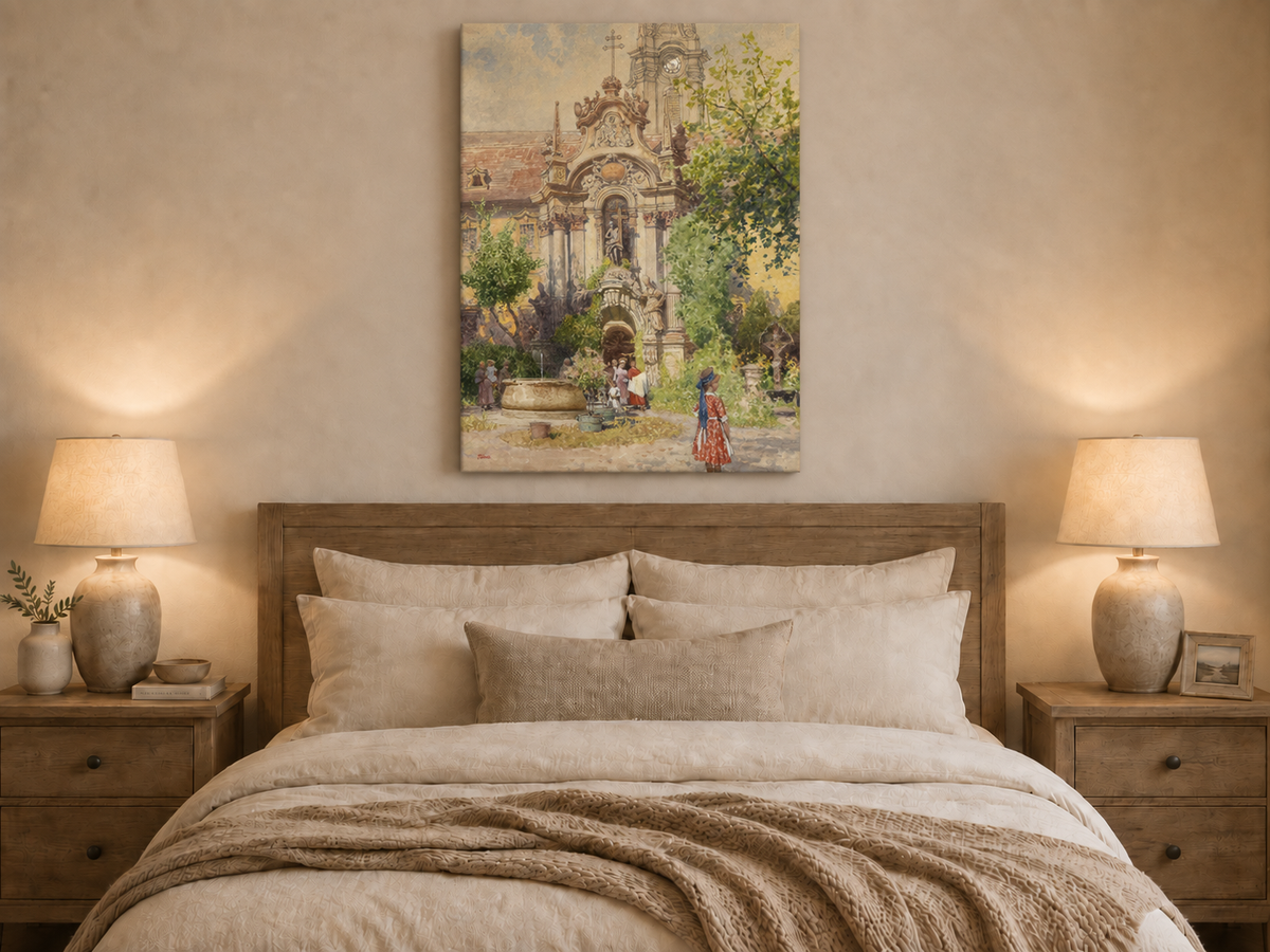 Peinture à l'huile de paysage - Cour d'église européenne | Peinte à la main