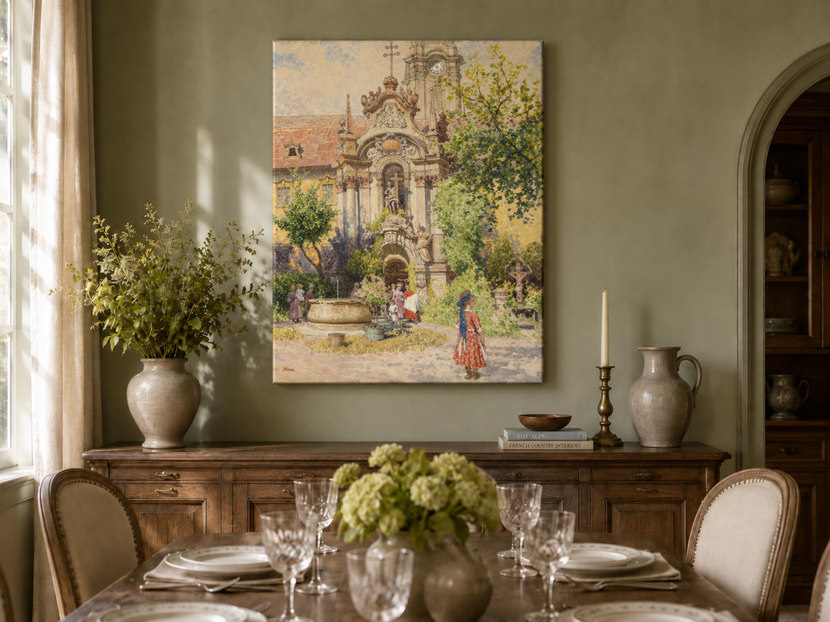 Peinture à l'huile de paysage - Cour d'église européenne | Peinte à la main