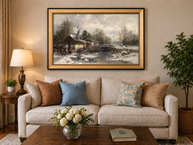 Ölgemälde Landschaft - Wintermühle, verschneite Hütte, Wasserrad &
